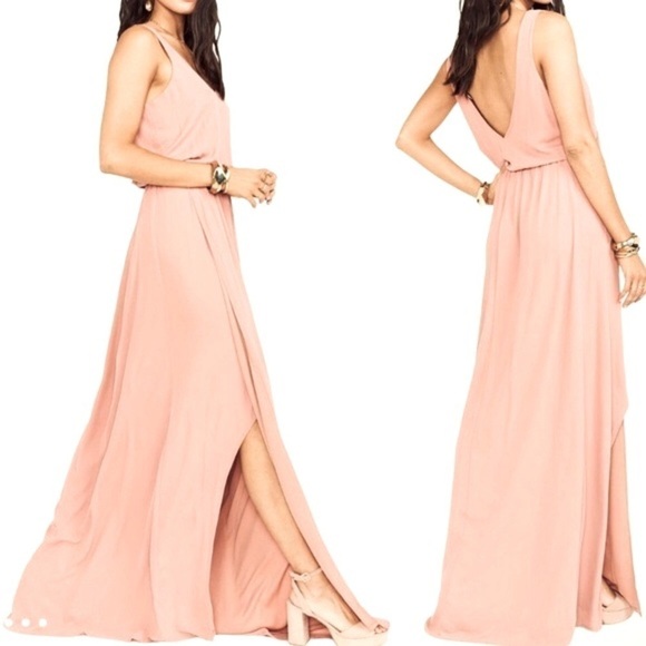 Show Me Your MuMu V-neck Nude Pink Chiffon Side Slit Maxi Bridesmaids Dress Sz L - Picture 1 of 16
